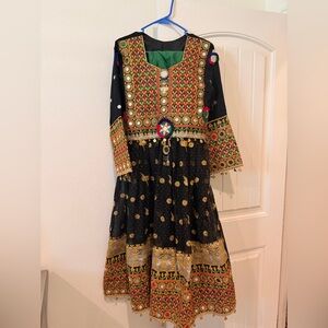 SOLD - Afghan Clothes - Black Embroidered Traditional Dress with Gold Accents